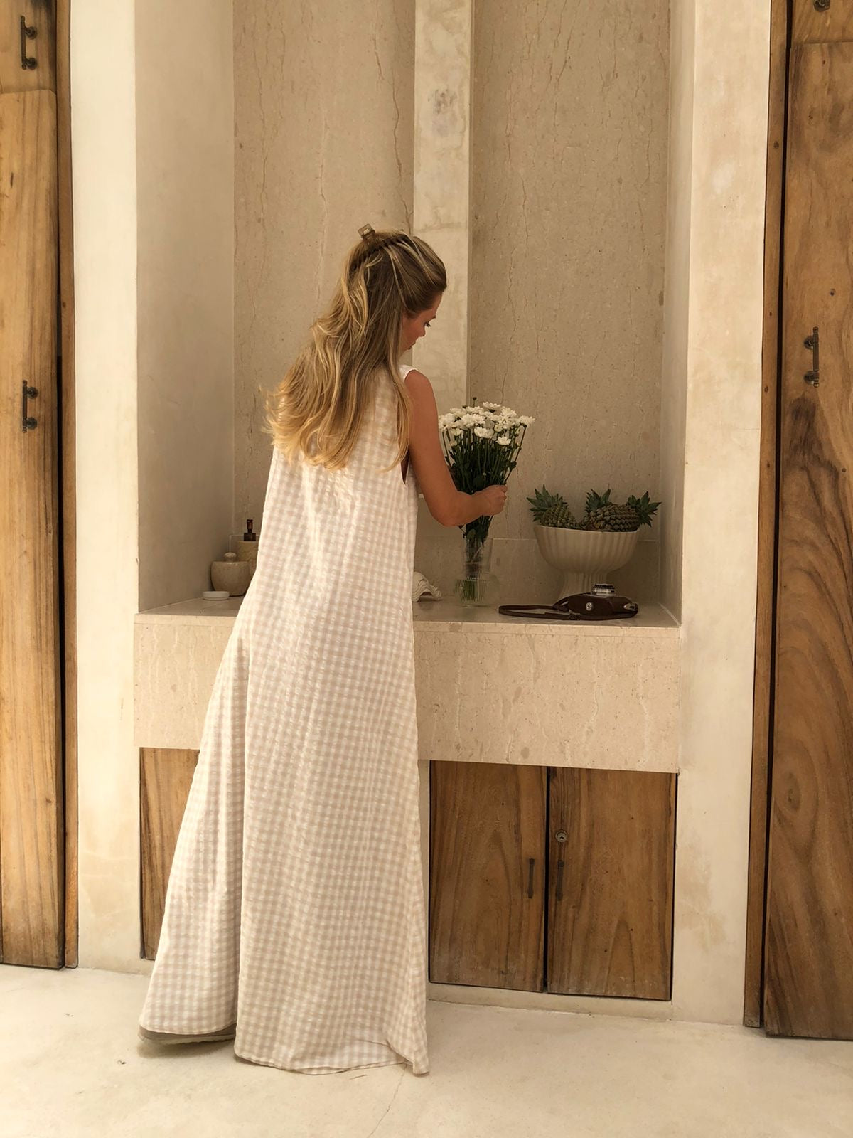 Effortless beige gingham maxi dress — reversible V-neck or high neck, quiet luxury beach resort style, Puka The Label