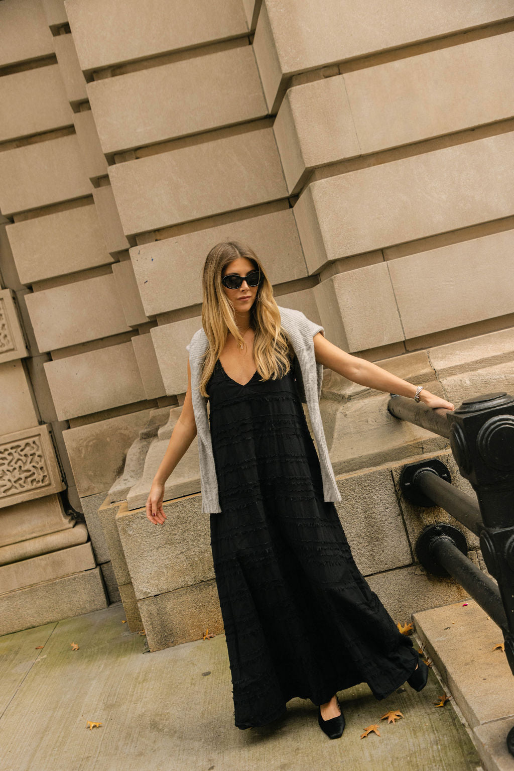 Chic black maxi dress city break — European summer Amalfi Coast aesthetic