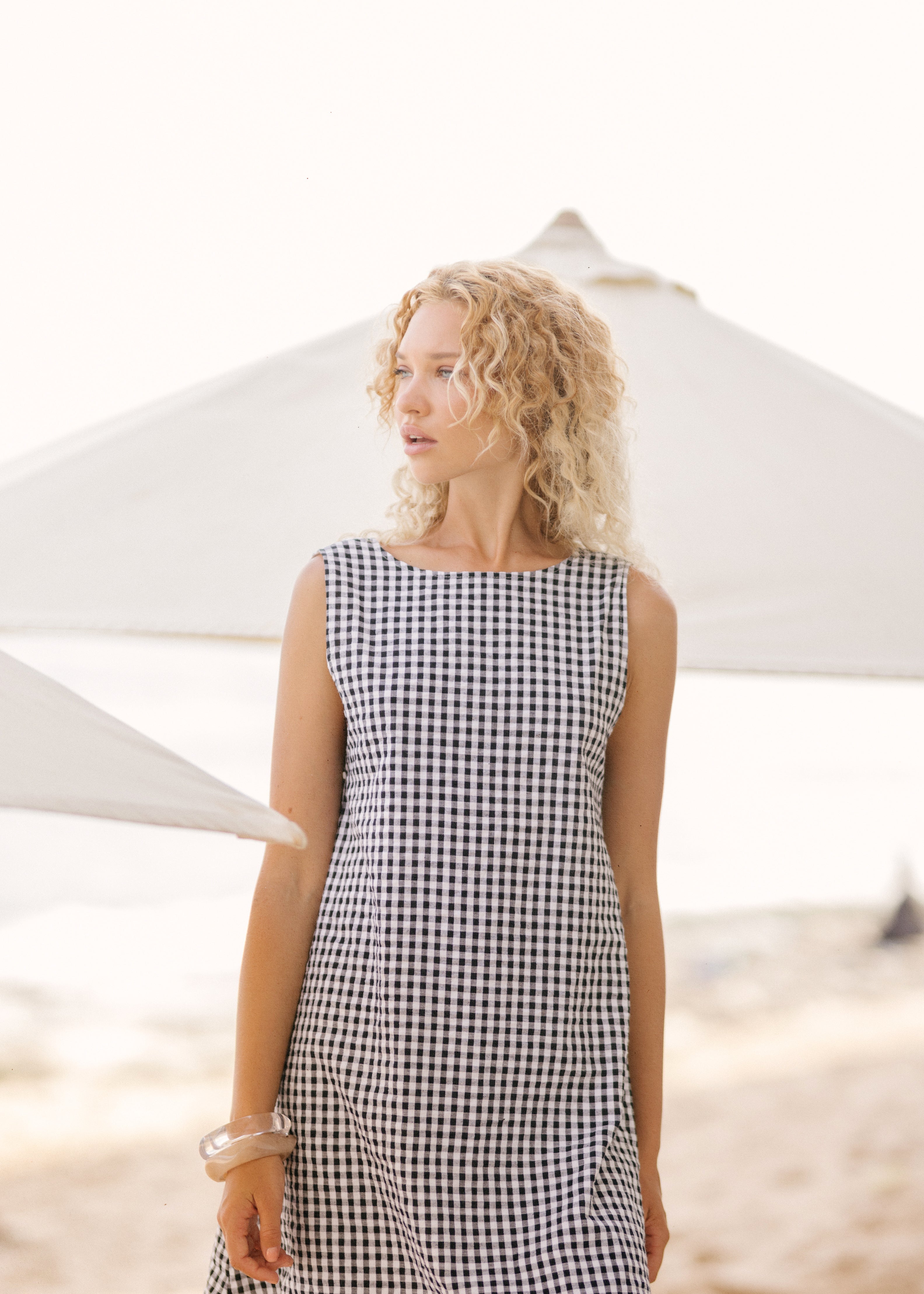 Black gingham Gili maxi dress by Puka - reversible dual neckline, petite-friendly cotton maxi perfect for beach vacations and southern summer styling