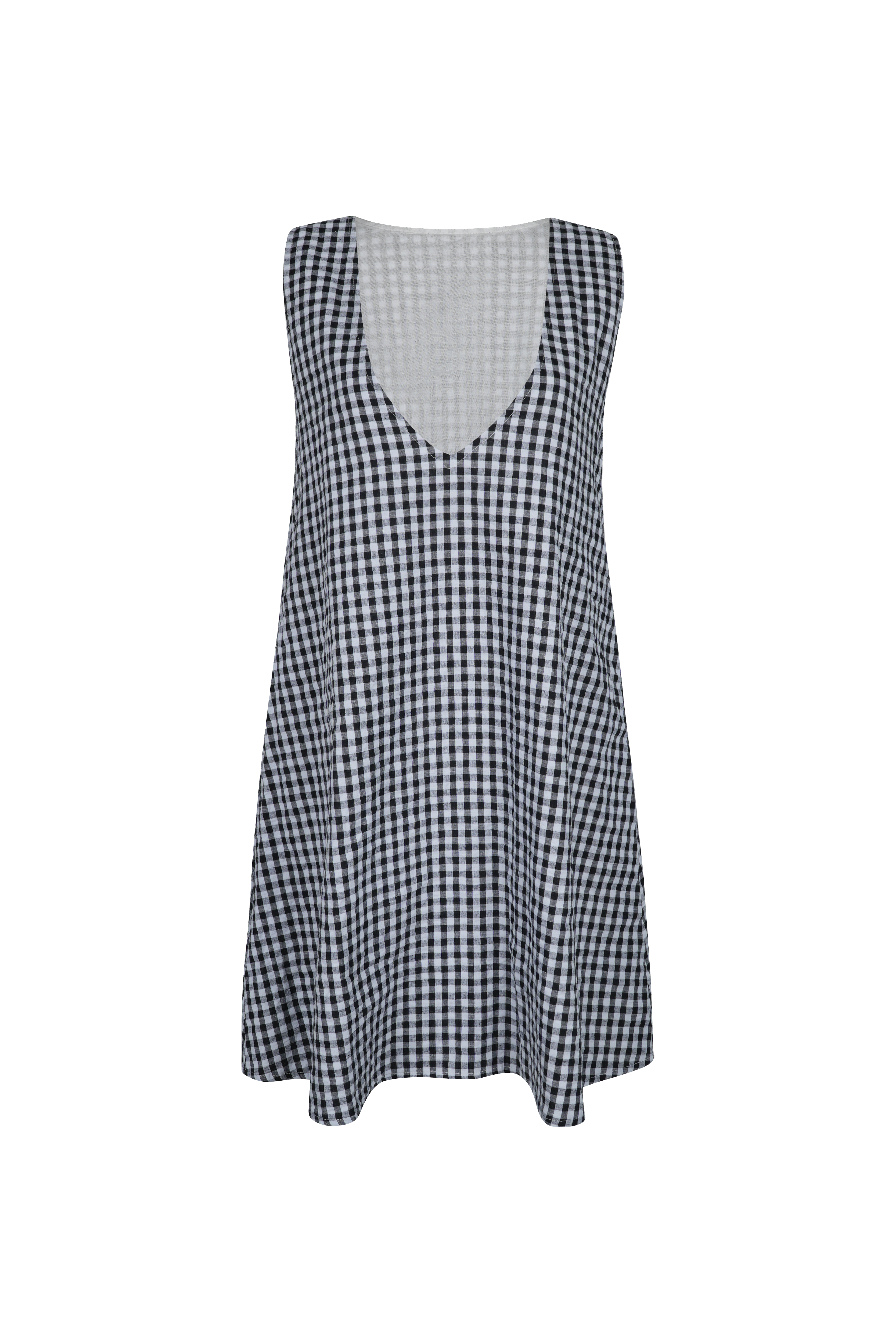 Black gingham mini Gili reversible dress — wears as V-neck or high neck cotton mini by Puka The Label