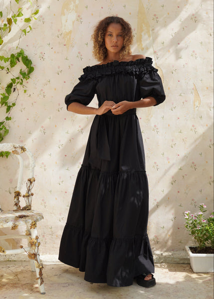 Waves Maxi Dress in Black | Off The Shoulder Cotton Maxi Dress