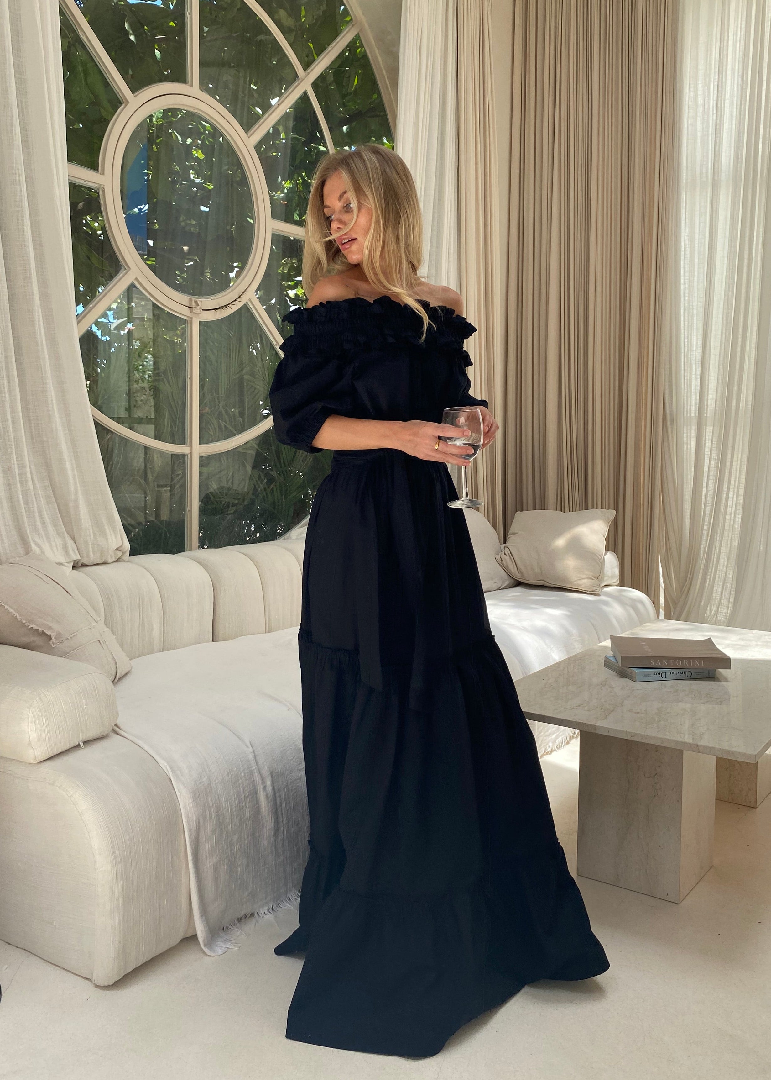 Waves Maxi Dress in Black | Off The Shoulder Cotton Maxi Dress
