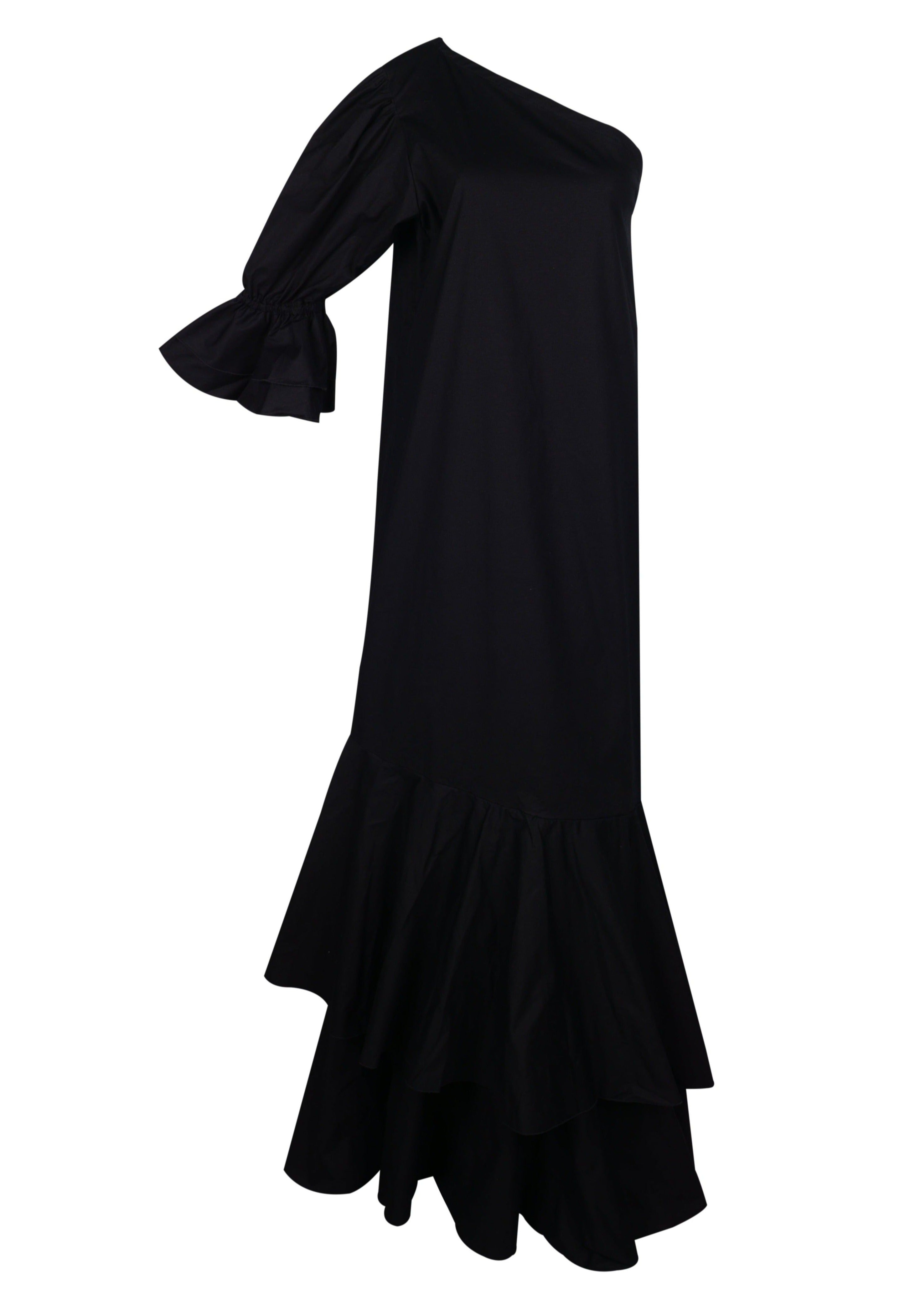 Black ruffle maxi dress flat lay ghost mannequin, 95% cotton 5% spandex one shoulder elastic top Puka The Label