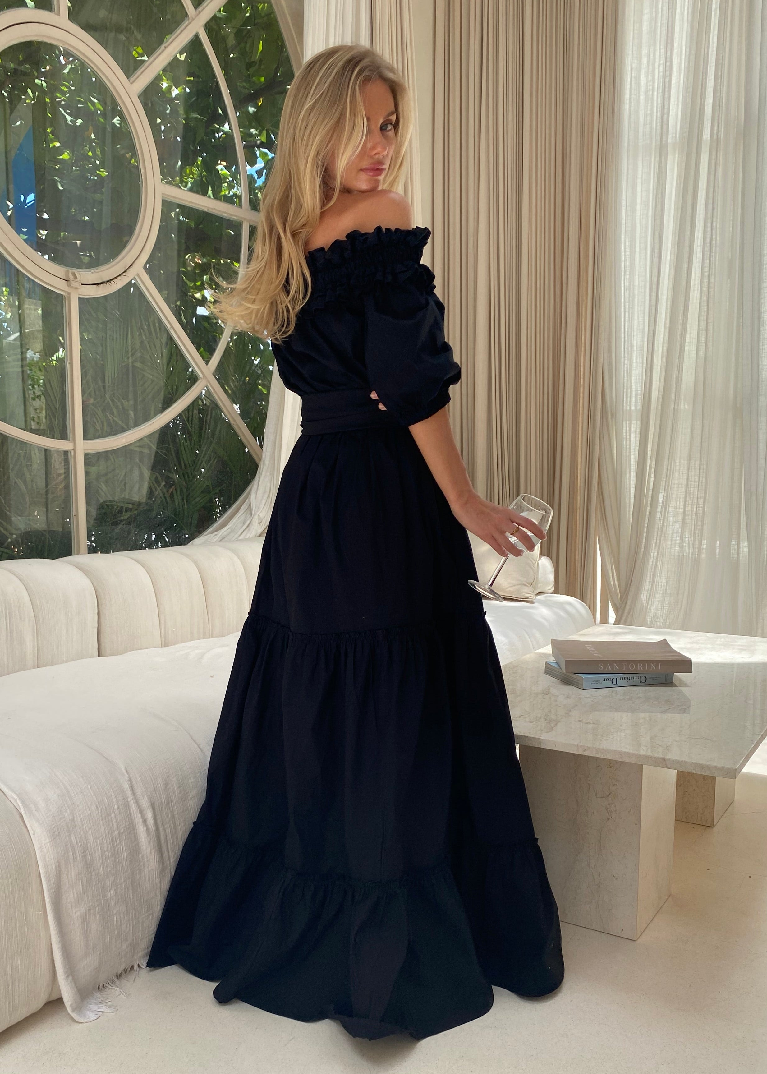 Black tiered party dress formal event outfit women 2026, off the shoulder cotton maxi dress elegant statement look
