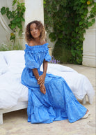 Blue bump friendly baby shower dress off the shoulder, flowy cotton maxi dress for boy baby shower celebration 2026