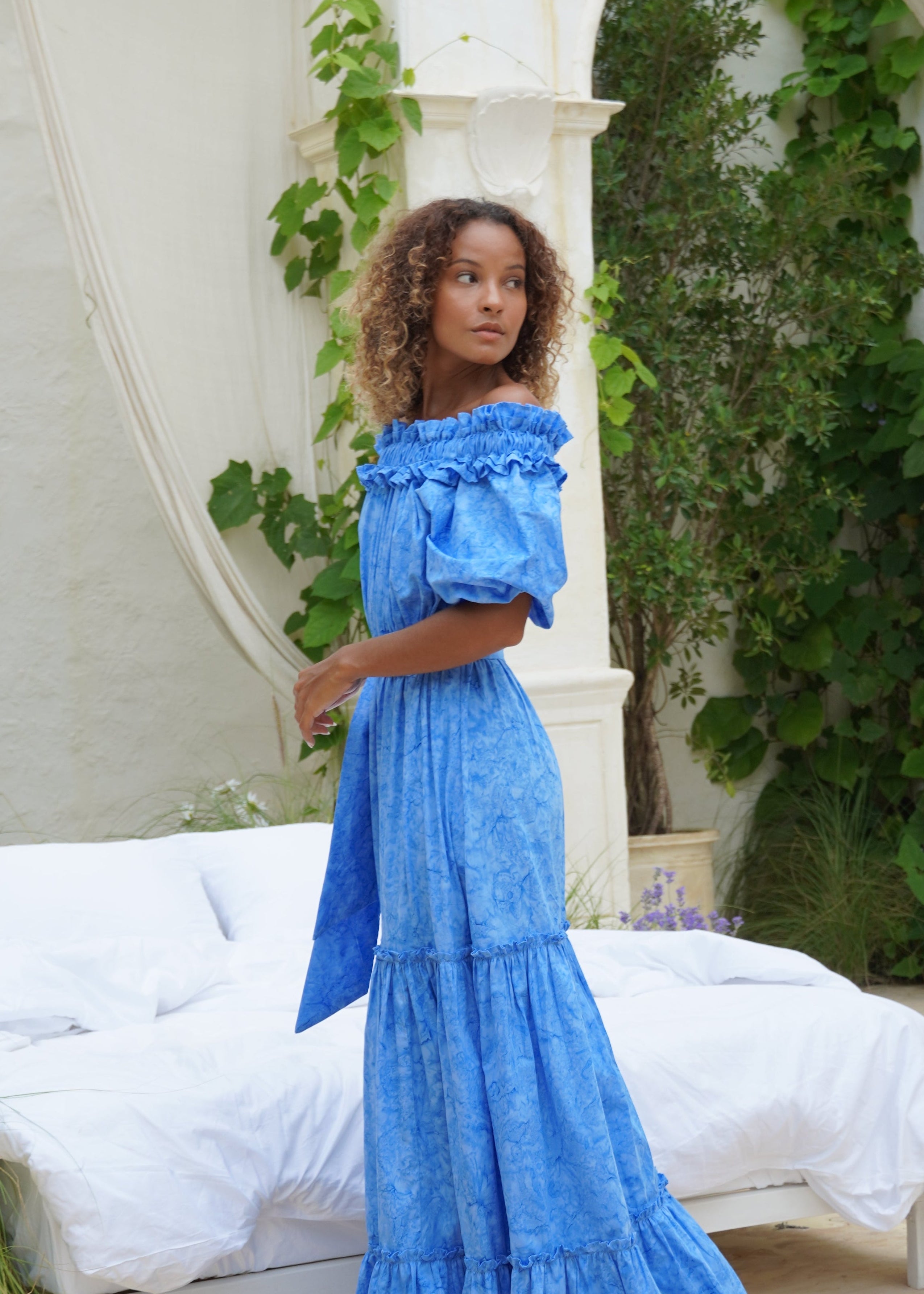 Waves Maxi Dress in Blue | Off The Shoulder Flowy Maxi Dress