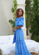 Blue off the shoulder dress with ruffled sleeves summer party outfit idea, flowy cotton maxi dress elegant feminine look