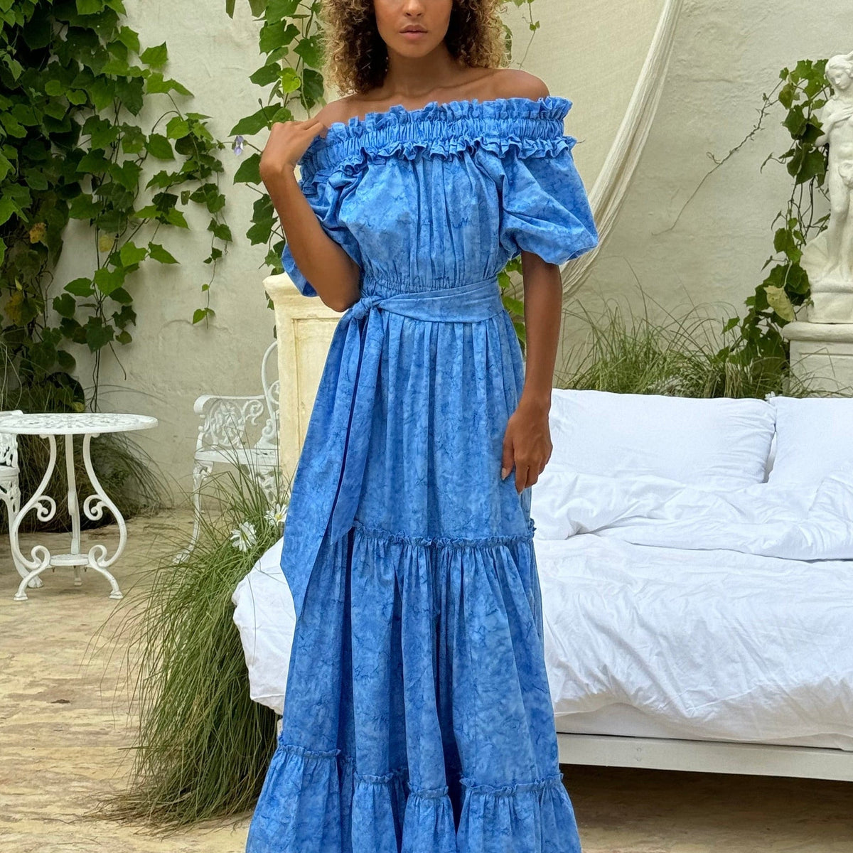Waves Maxi Dress in Blue | Off The Shoulder Flowy Maxi Dress | Puka The Label M / Blue Waves Maxi Dress in Blue | Off The Shoulder Flowy Maxi Dress | Puka The Label M / Blue