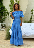 Blue off the shoulder maxi dress baby boy shower bump friendly outfit idea 2026, flowy cotton dress with belt coastal style