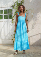 Bump-friendly aqua cotton ruffle dress — Bonito Dress in aqua is the perfect boy baby shower outfit and summer vacation dress