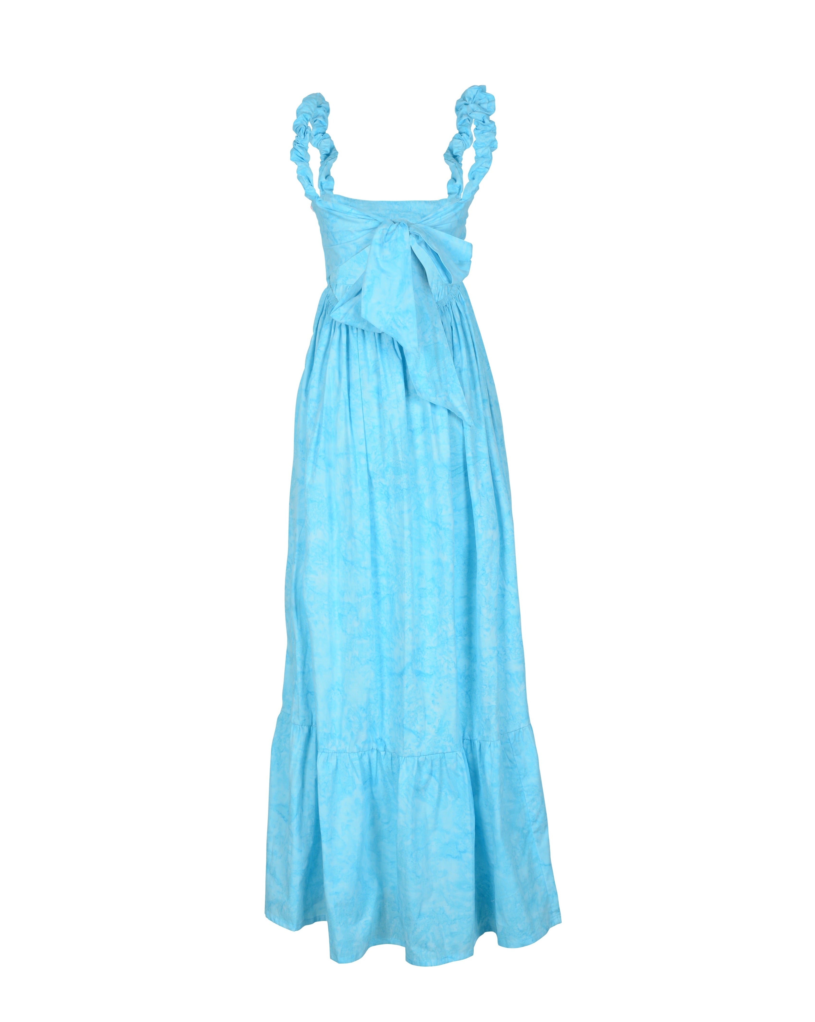 Aqua Bonito dress back view — open-back bow tie detail on aqua cotton ruffle dress, Puka The Label product shot