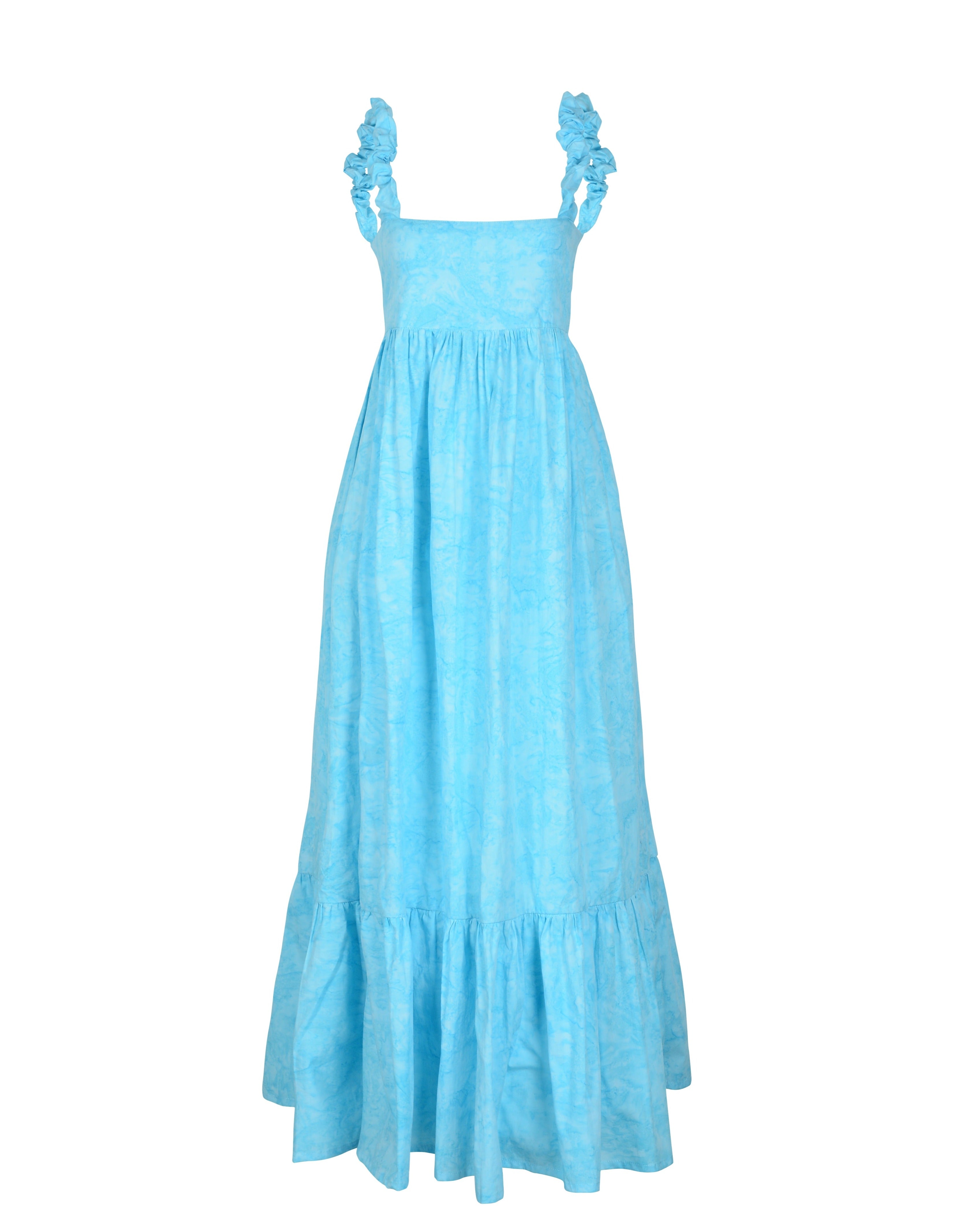 Aqua Bonito dress front view — cotton ruffle dress with scrunchie straps and top elastic closure, Puka The Label product shot