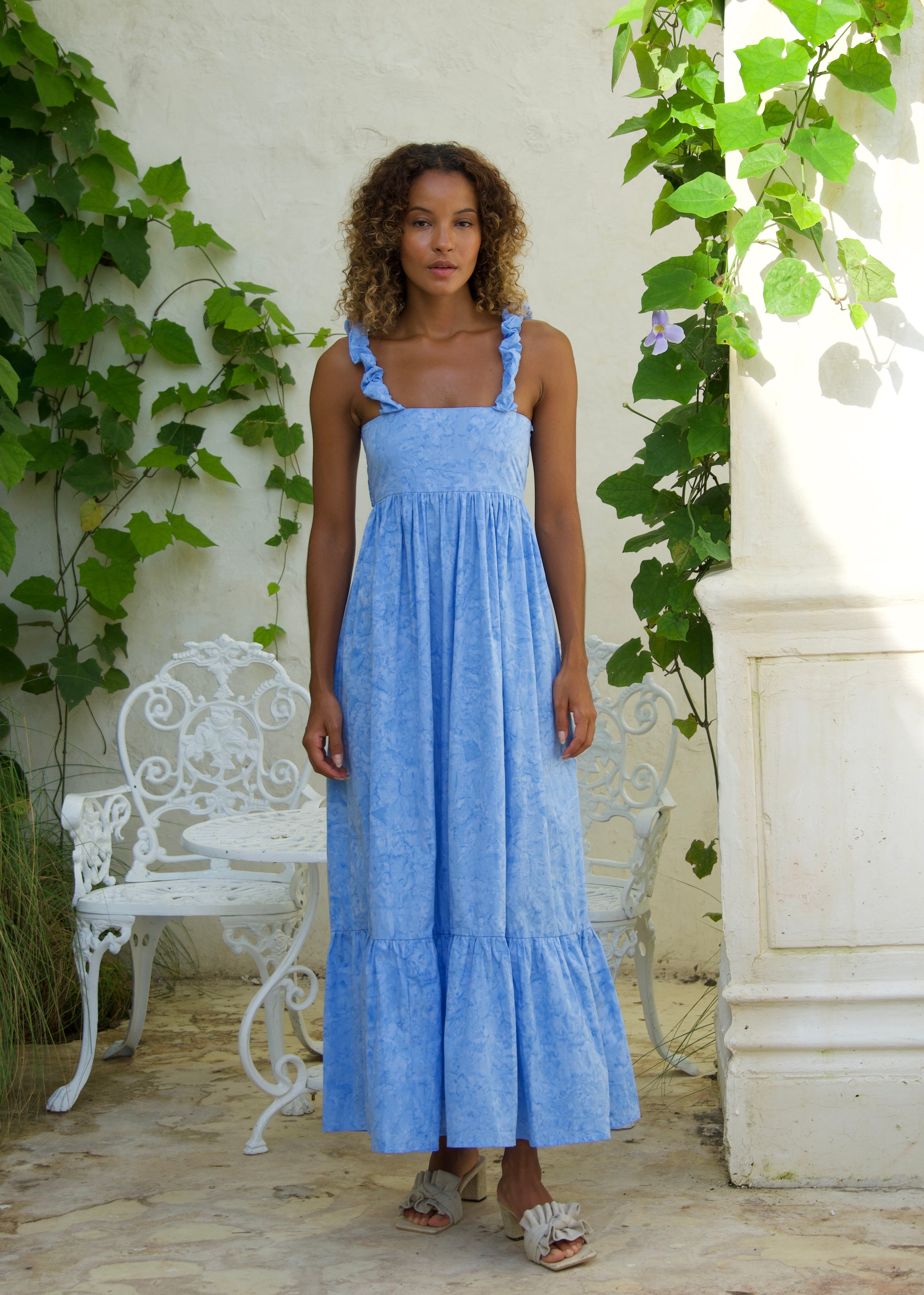Petal blue cotton ruffle Bonito dress by Puka The Label — feminine summer dress for baby showers, tea parties, and beach vacation outfits