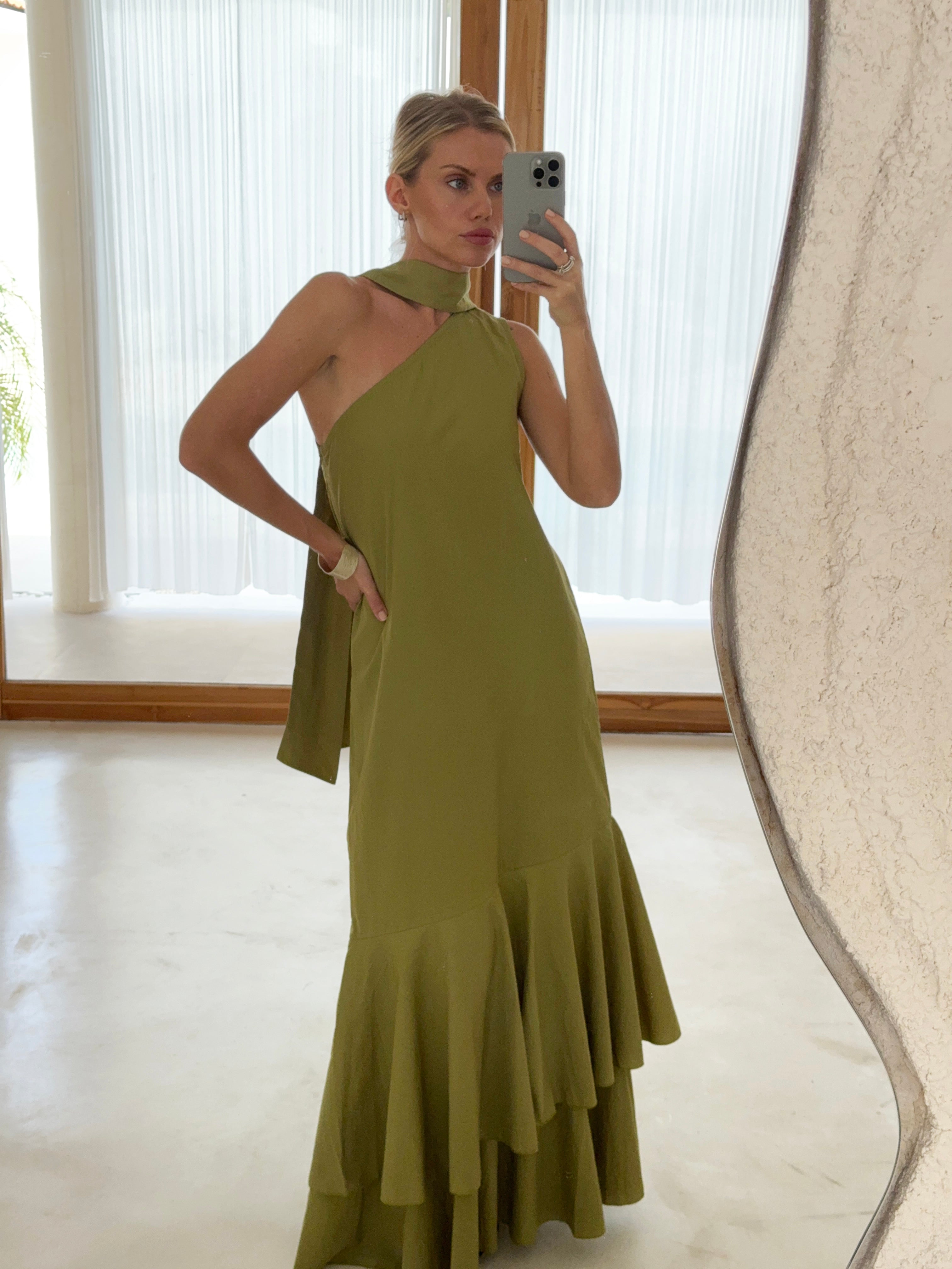 Botanical green hand-dyed ruffle maxi dress Nantucket and Hamptons summer outfit 2026, preppy elegant cotton maxi for East Coast coastal occasion