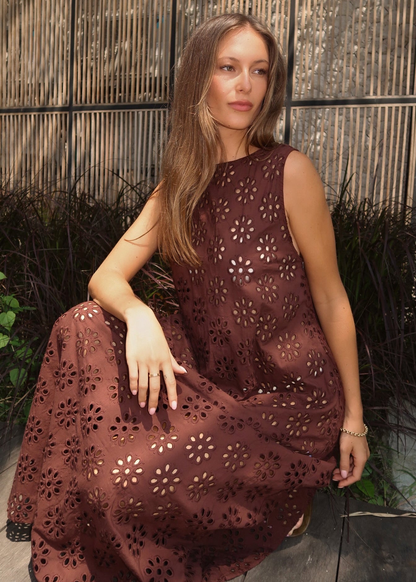 Couper x Puka brown eyelet Gili dress — full-length chocolate brown cotton maxi, reversible high neck or V-neck