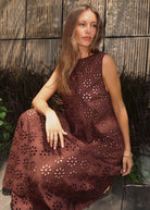 Couper x Puka brown eyelet Gili dress — full-length chocolate brown cotton maxi, reversible high neck or V-neck
