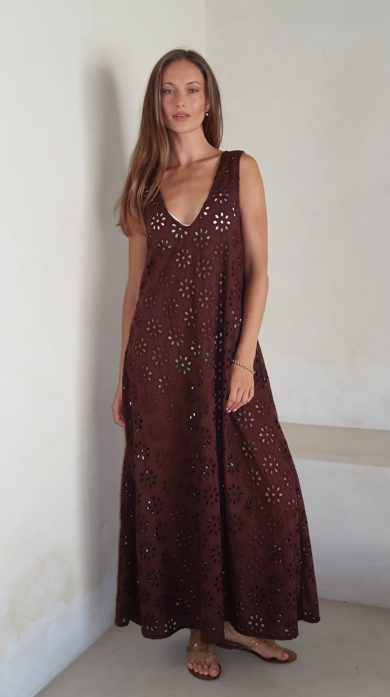Brown eyelet Gili maxi dress - reversible V-neck cover-up, chocolate brown floral eyelet cotton, Couper x Puka