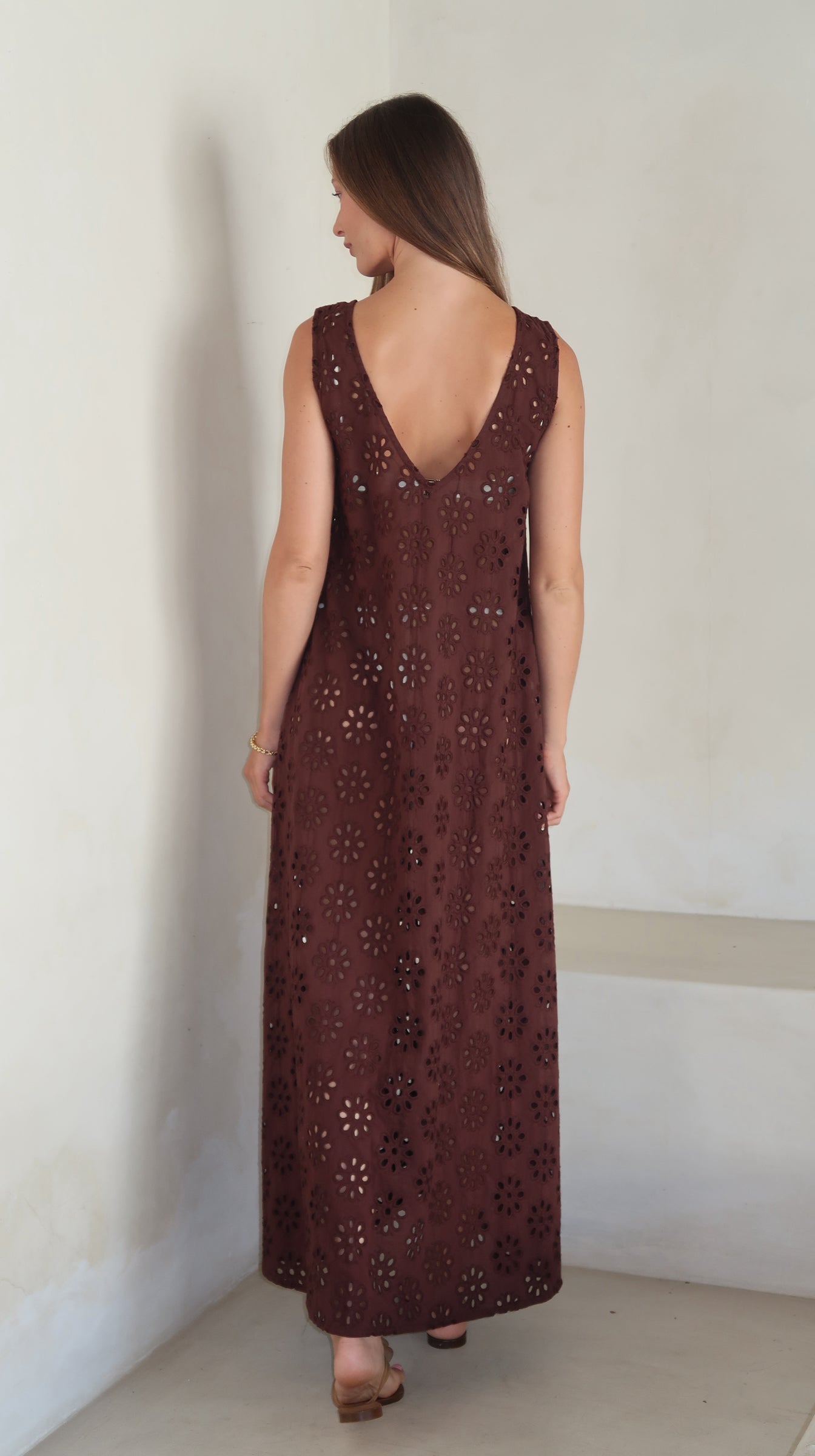 Brown floral eyelet Gili maxi dress back view — open reversible neckline, Couper x Puka for Puka The Label