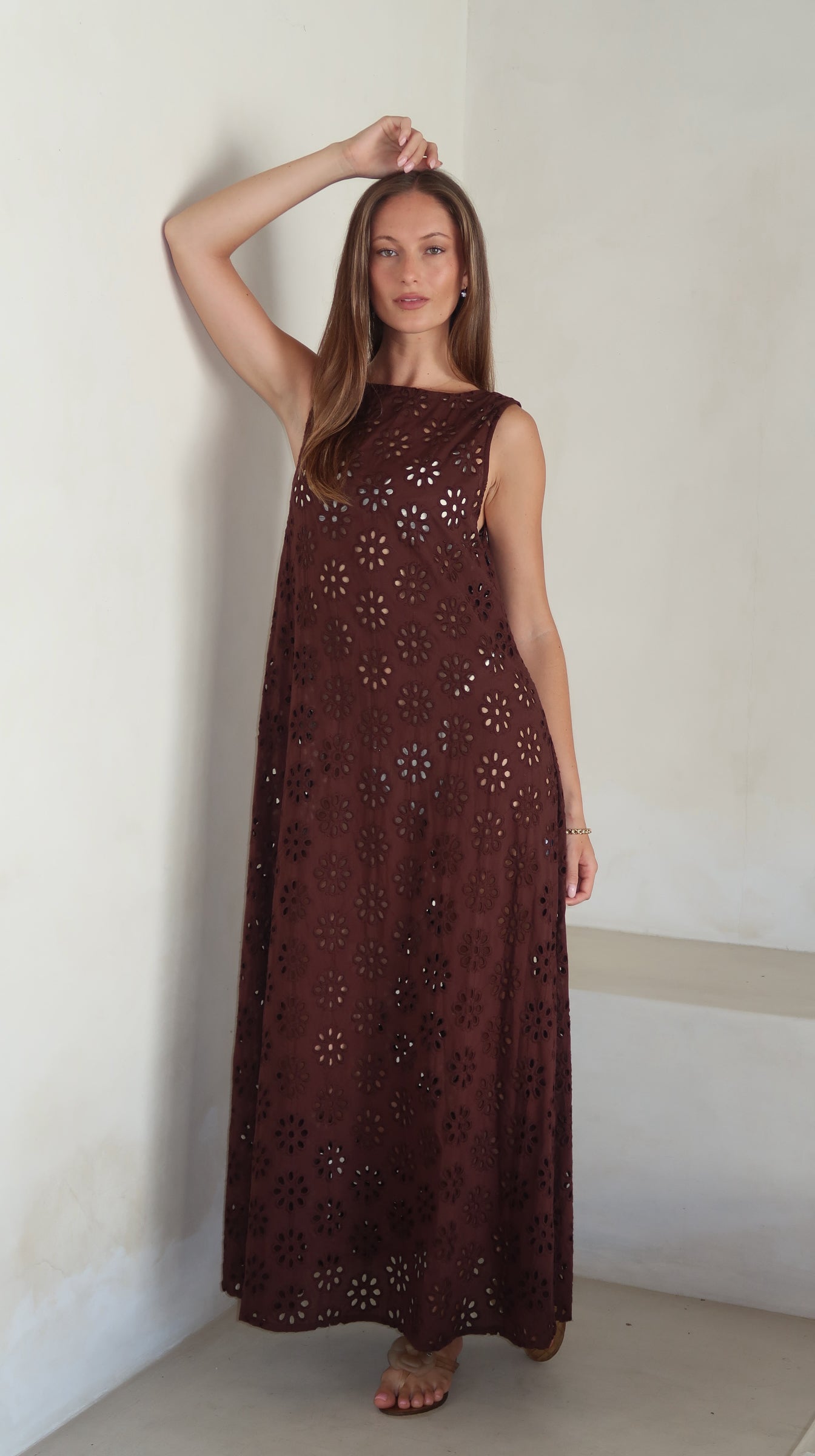 Couper x Puka Gili Dress in brown eyelet — chocolate brown reversible beach cover-up maxi dress