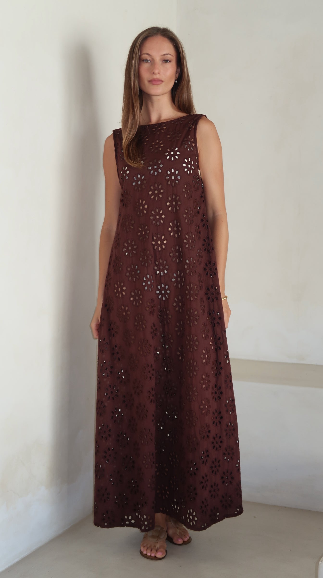 Brown eyelet cotton maxi dress detail — floral eyelet fabric, unlined, Couper x Puka Gili Dress