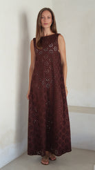 Brown eyelet cotton maxi dress detail — floral eyelet fabric, unlined, Couper x Puka Gili Dress