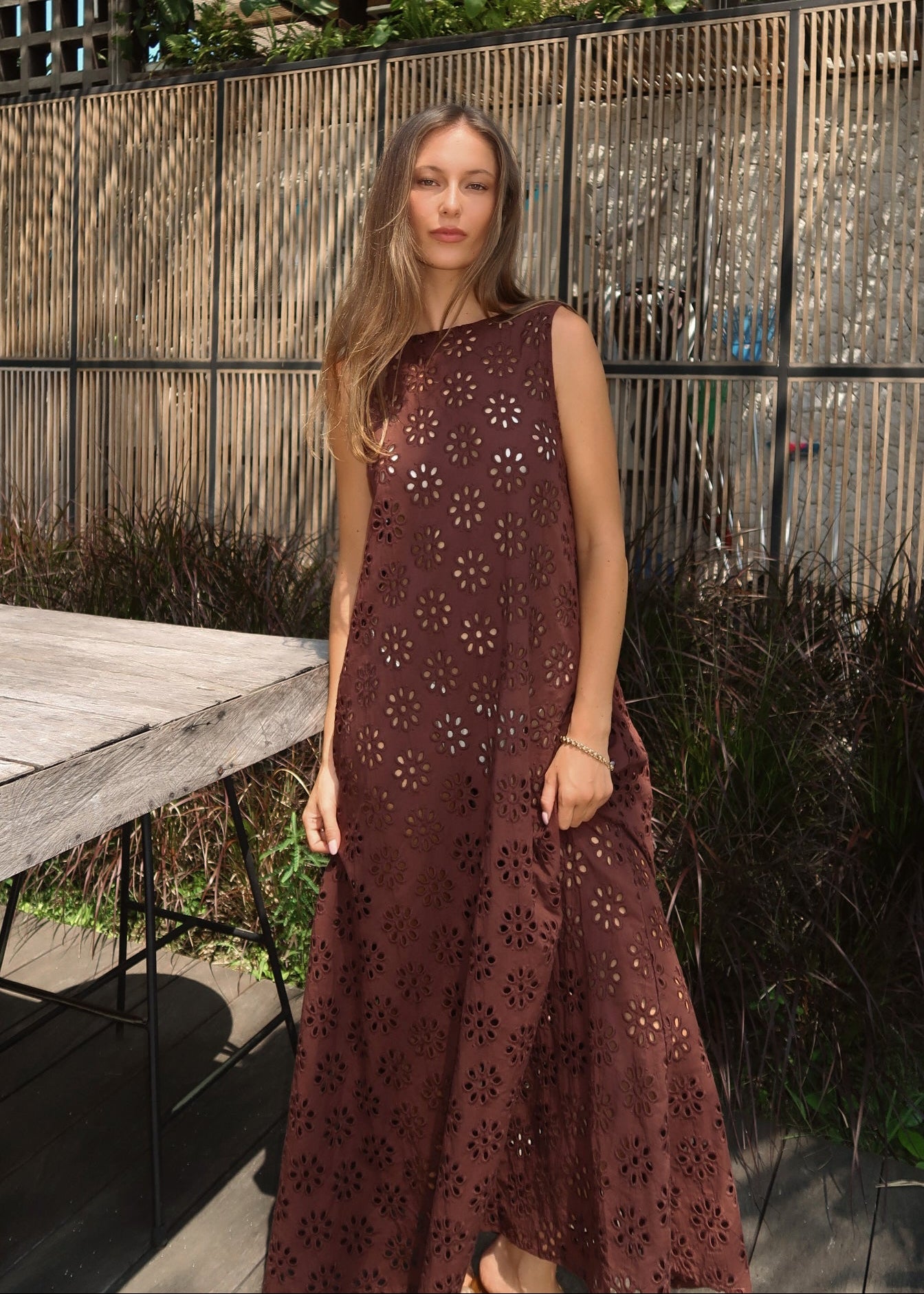 Brown floral eyelet maxi dress  cover up — lightweight cotton cover-up by Couper x Puka for Puka The Label