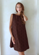 Brown eyelet Mini Gili as beach cover-up, chocolate brown reversible cotton mini dress, Couper x Puka