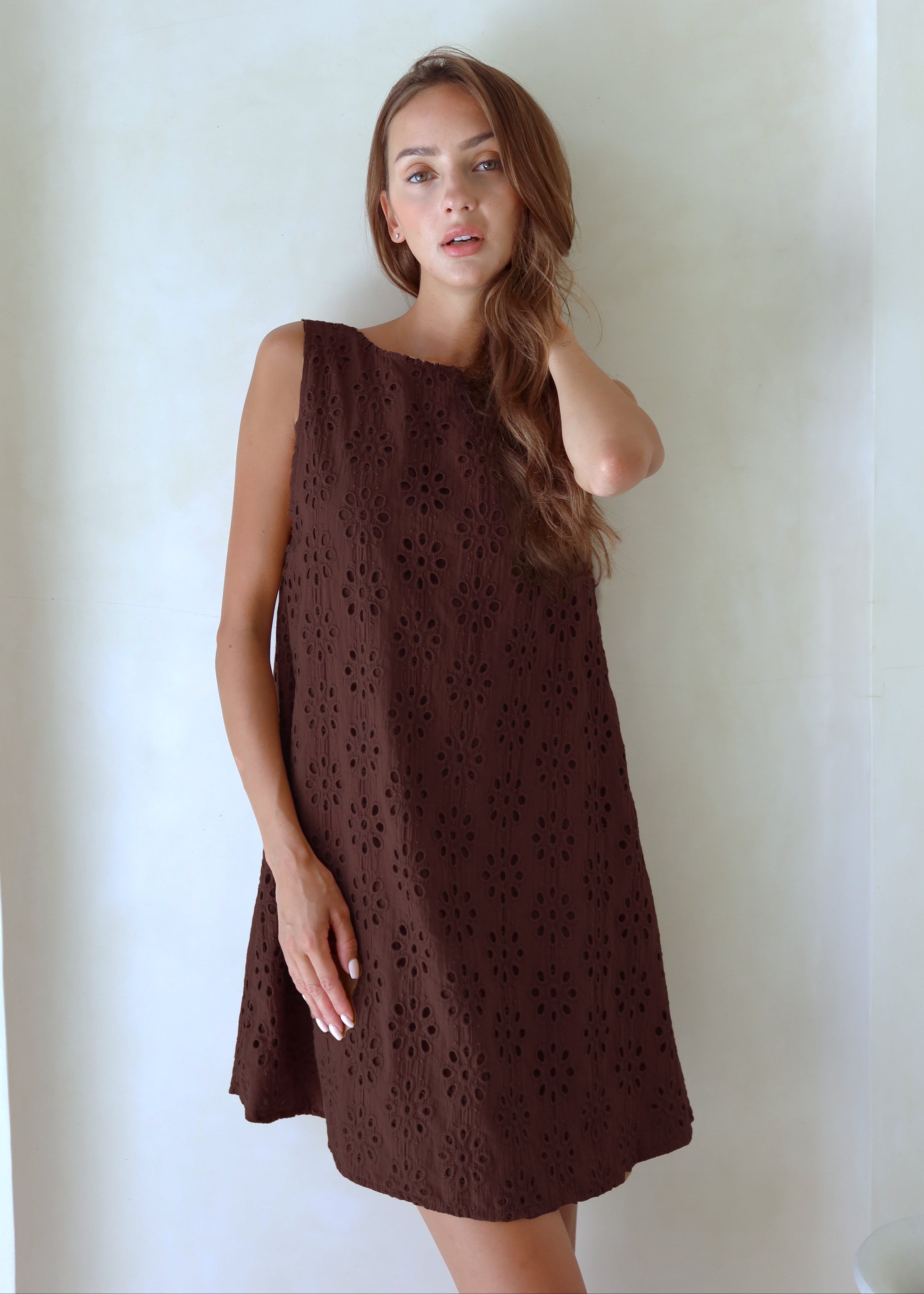 Brown eyelet Mini Gili as beach cover-up, chocolate brown reversible cotton mini dress, Couper x Puka