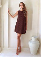 Brown eyelet Mini Gili in high neck style, chocolate brown cotton reversible mini dress, Couper x Puka
