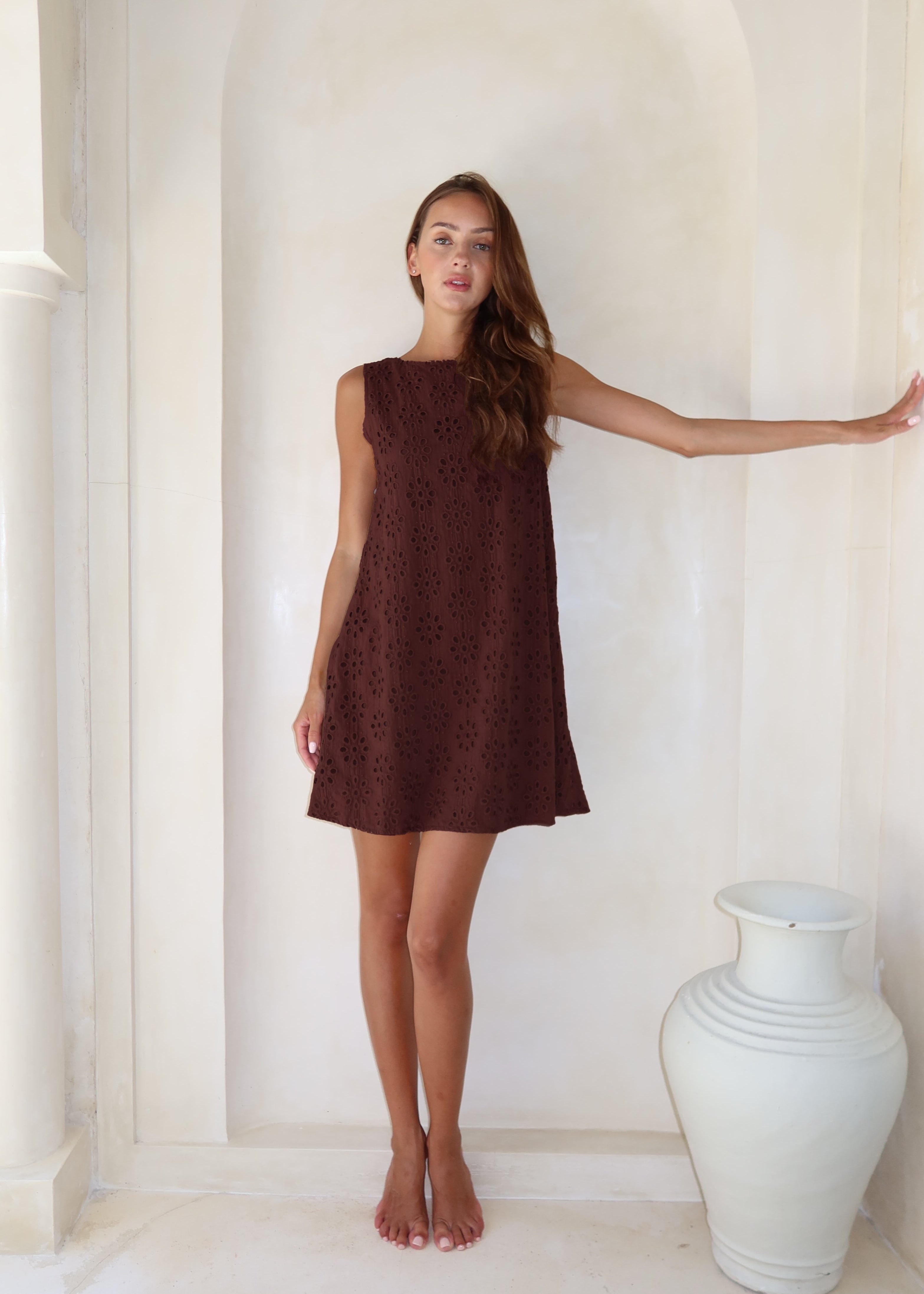Brown floral eyelet Mini Gili dress, V-neck front view, chocolate brown cotton reversible mini, Couper x Puka