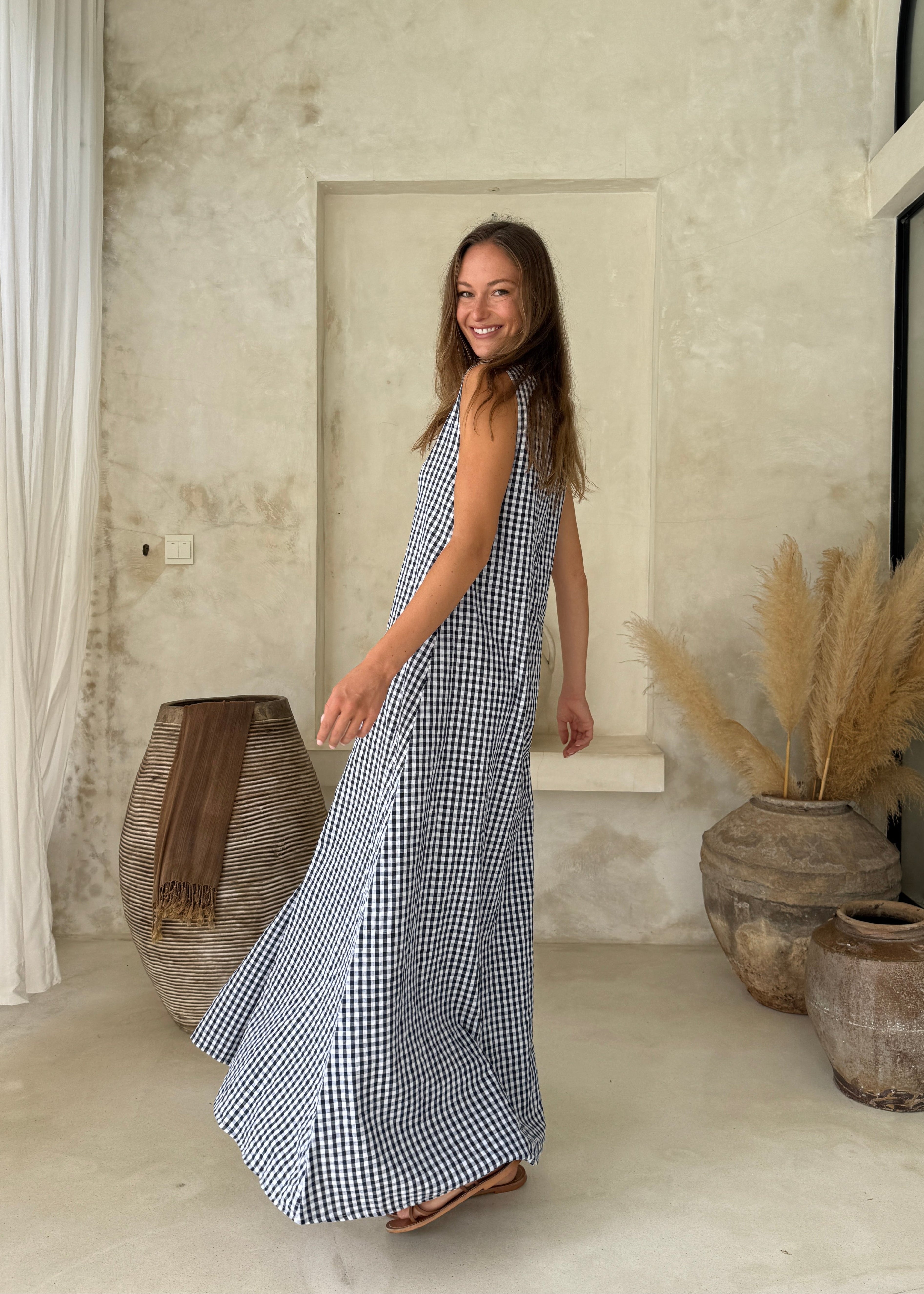 Bump friendly navy gingham maxi dress baby shower outfit idea, boy baby shower dress breathable cotton 2026