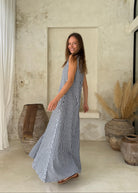 Bump friendly navy gingham maxi dress baby shower outfit idea, boy baby shower dress breathable cotton 2026