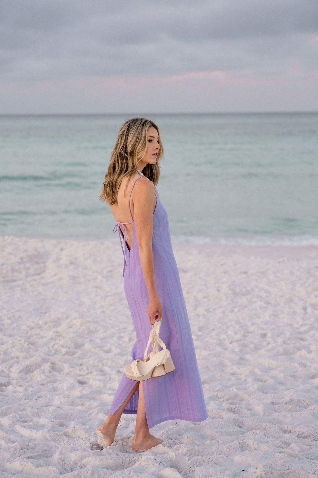 Purple Charli Dress full-body lifestyle shot at Seaside 30A Florida — summer outfit inspiration, Puka x Charli Evans collab
