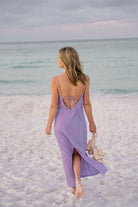 Back view of purple Charli Dress in motion at 30A sunset — open V-back and side slit, effortless Florida beach date night