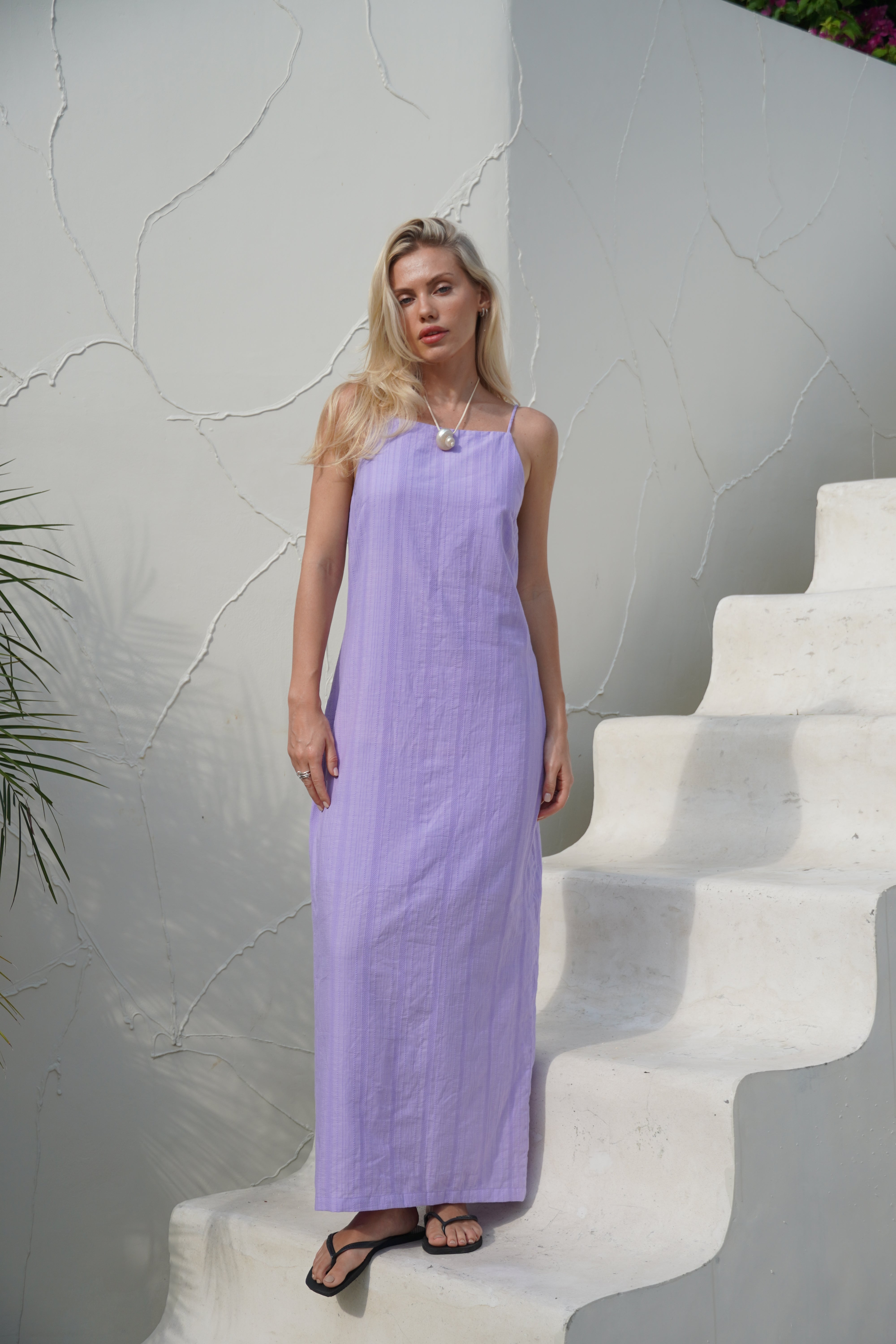 Charli Evans x Puka purple dress — romantic southern spring outfit or Easter dress, open-back cotton midi for beach evenings