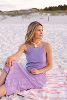 Charli Evans x Puka purple dress editorial — summer outfit inspiration at 30A Florida beach, open-back cotton midi