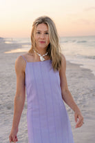 Portrait in purple Charli Dress at golden hour — summer outfit inspiration and southern spring dress from Puka x Charli Evans