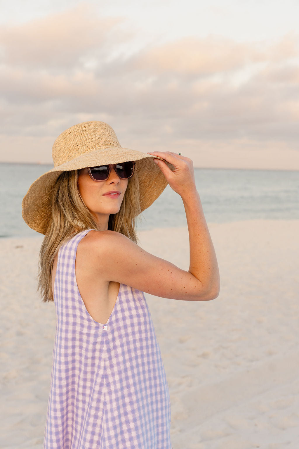Charli Evans pink purple gingham dress — coastal grandmother style
