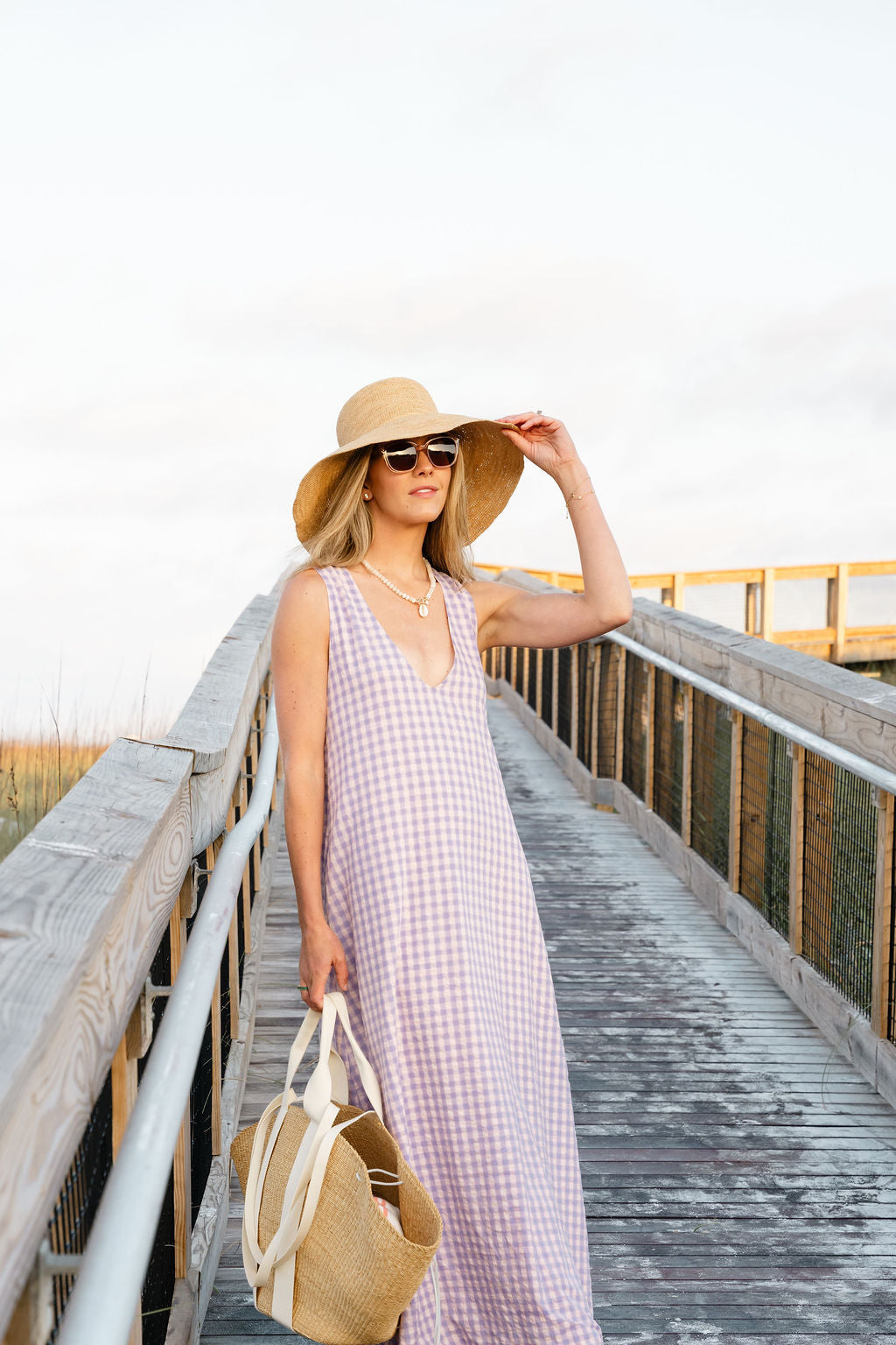 Charli Evans Puka The Label pink purple gingham gili dress — beach vacation