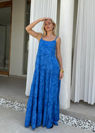 Cobalt blue tiered cotton maxi dress beach vacation and resort wear outfit summer 2026, effortless hand-dyed feminine dress for warm weather travel
