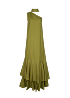 Couper Exclusive Ruffle Maxi green ghost mannequin flat lay, hand-dyed botanical green cotton ruffle maxi dress with self belt 100% cotton Puka The Label