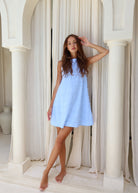 Couper x Puka Exclusive Mini Gili light blue feathered cotton mini dress full length, bachelorette European summer vacation mini dress 2026 Puka The Label