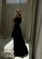 Easy to wear off the shoulder black gown rehearsal dinner outfit idea, elegant flowy cotton maxi dress women 2026