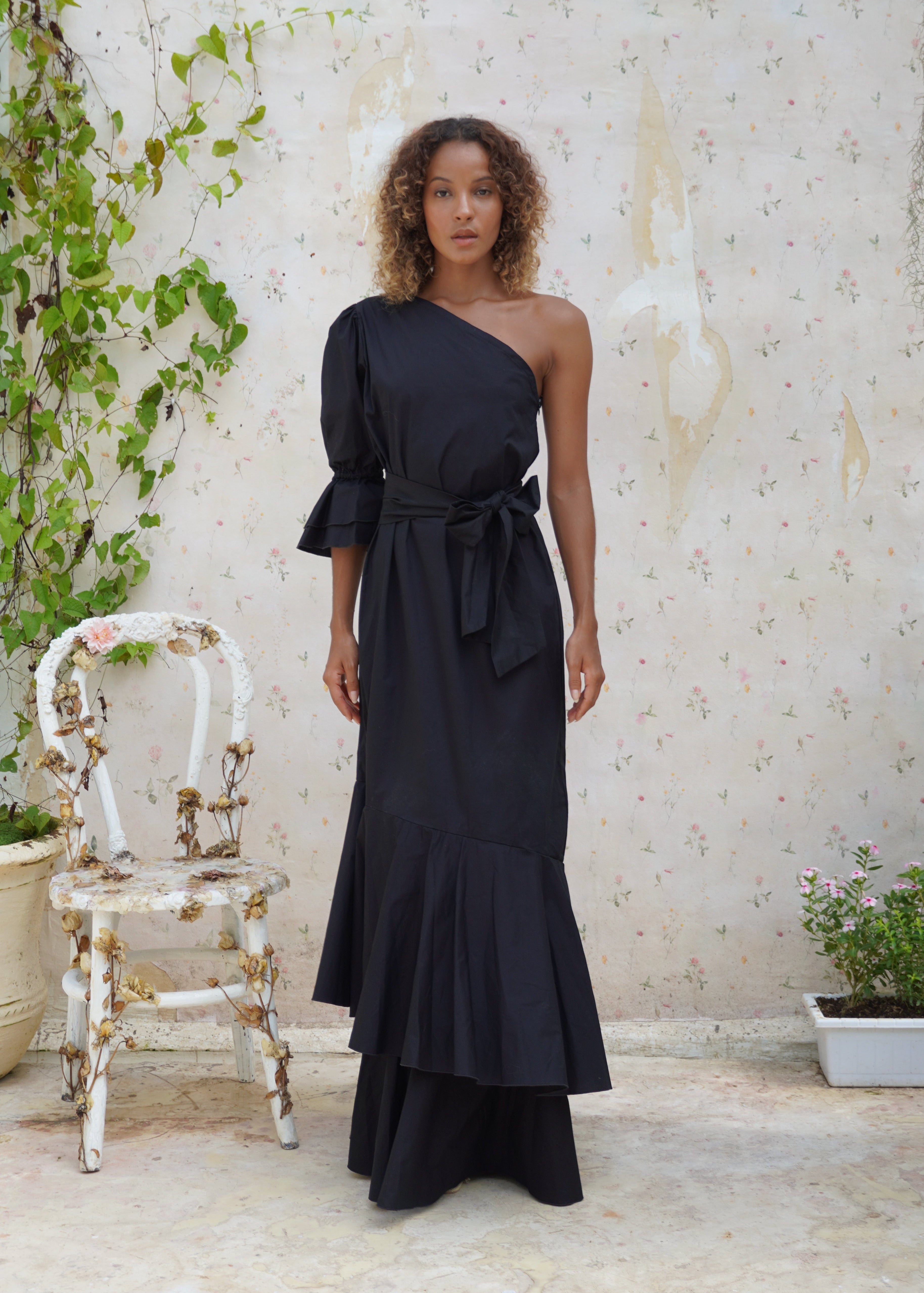 Elegant black maxi dress coastal wedding guest outfit, sophisticated one shoulder ruffle dress for formal events