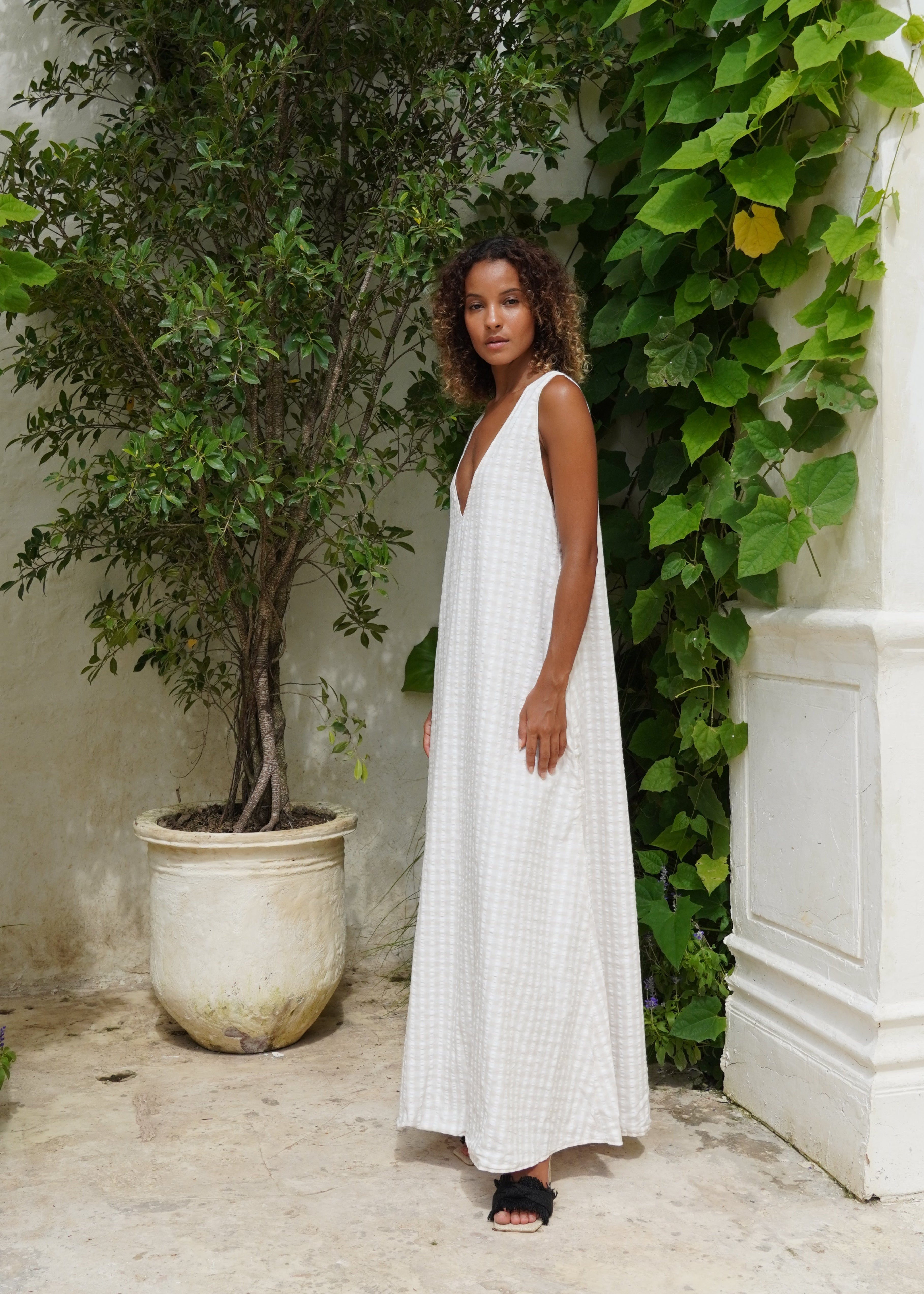 Palm Beach resort wear — elegant beige check cotton maxi for garden party or beach vacation, Puka The Label