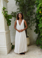 Quiet luxury summer dress — neutral beige check Gili maxi for Nantucket or the Hamptons, Puka The Label