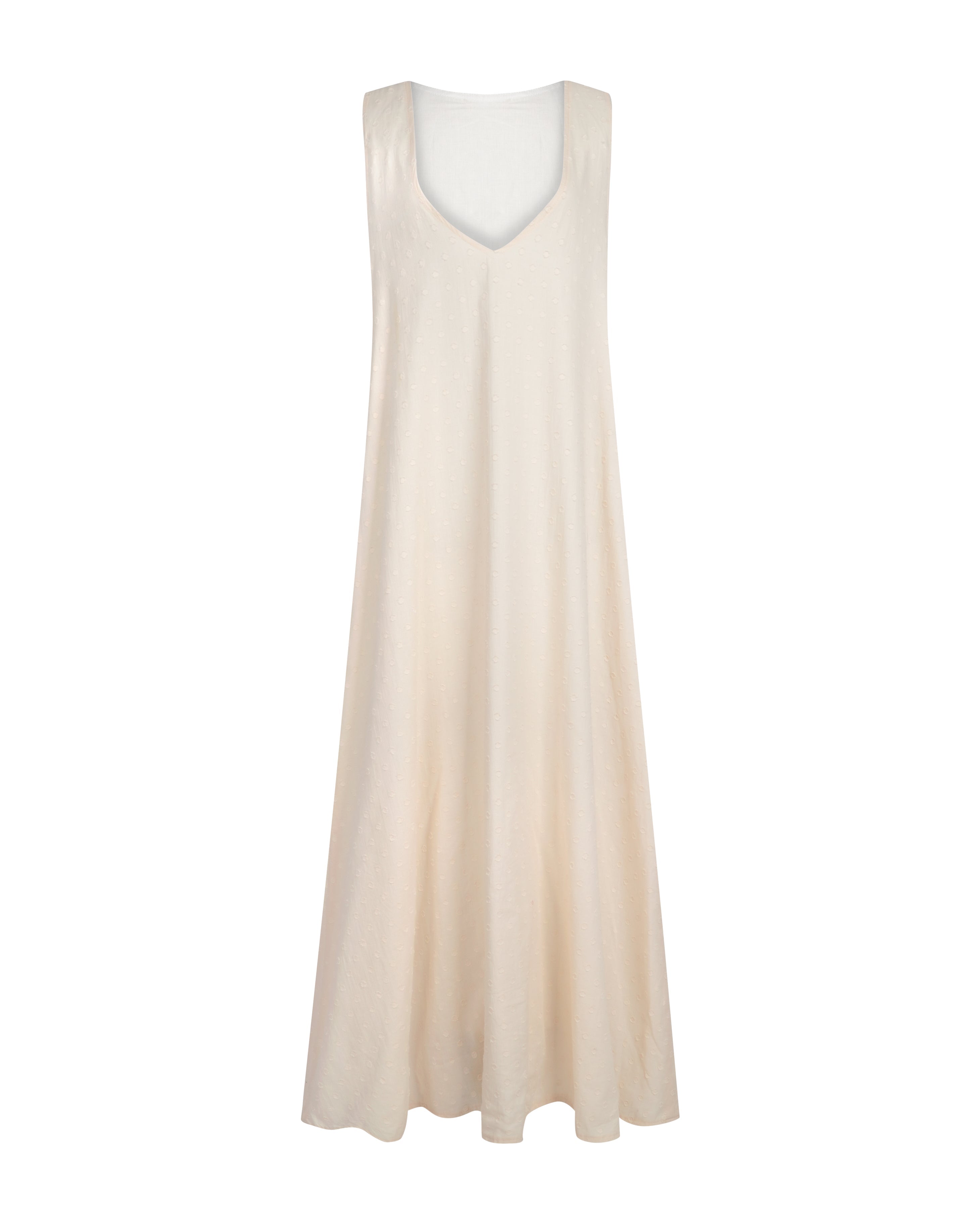 (ghost mannequin) Gili Dress Beige Dot flat lay ghost mannequin, cream textured cotton maxi dress side zipper 100% cotton Puka The Label