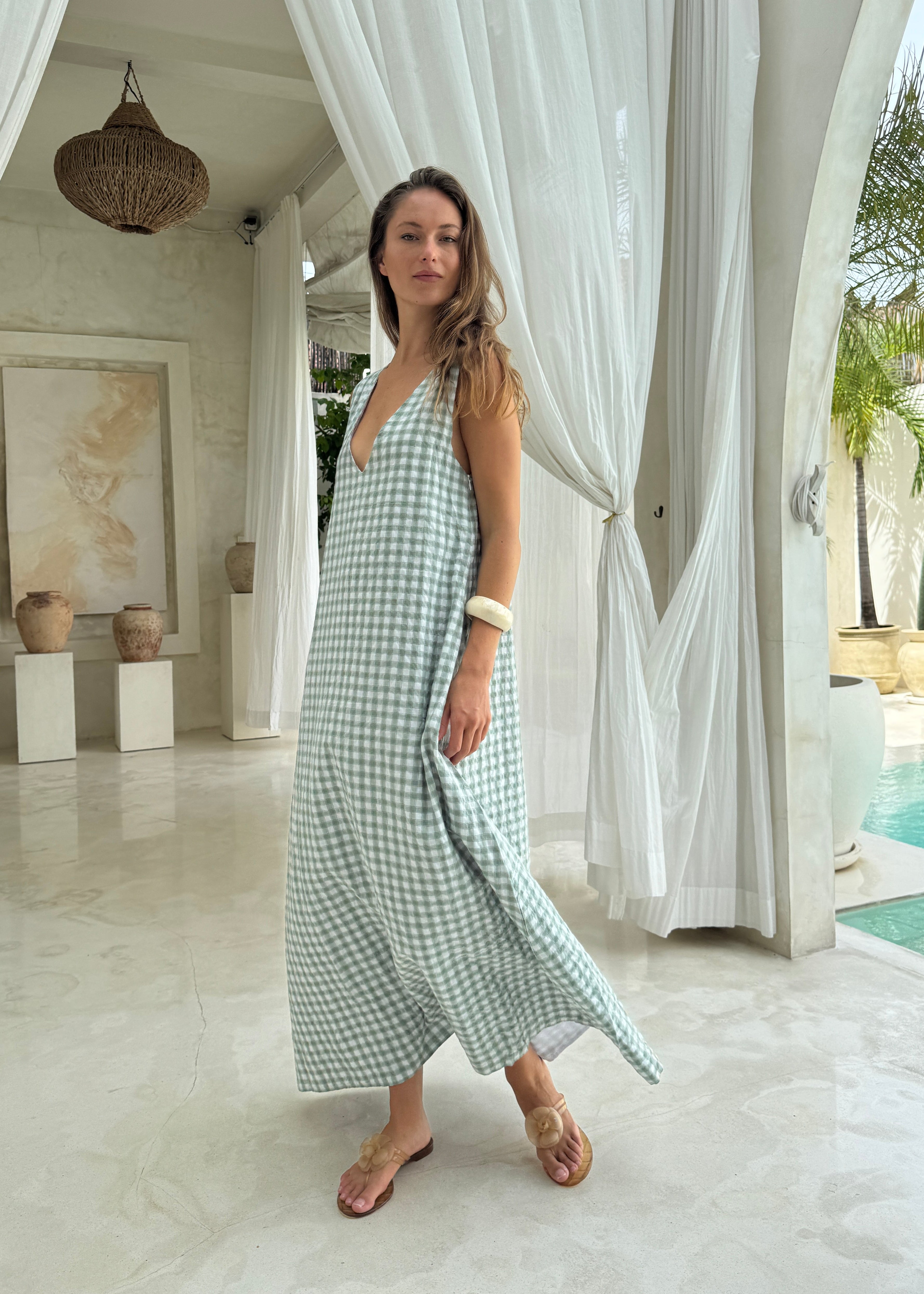 Green gingham Gili Dress V-neckline detail, reversible easy maxi dress for garden party, baby shower, beach or brunch Puka The Label