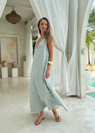 Green gingham Gili Dress V-neckline detail, reversible easy maxi dress for garden party, baby shower, beach or brunch Puka The Label