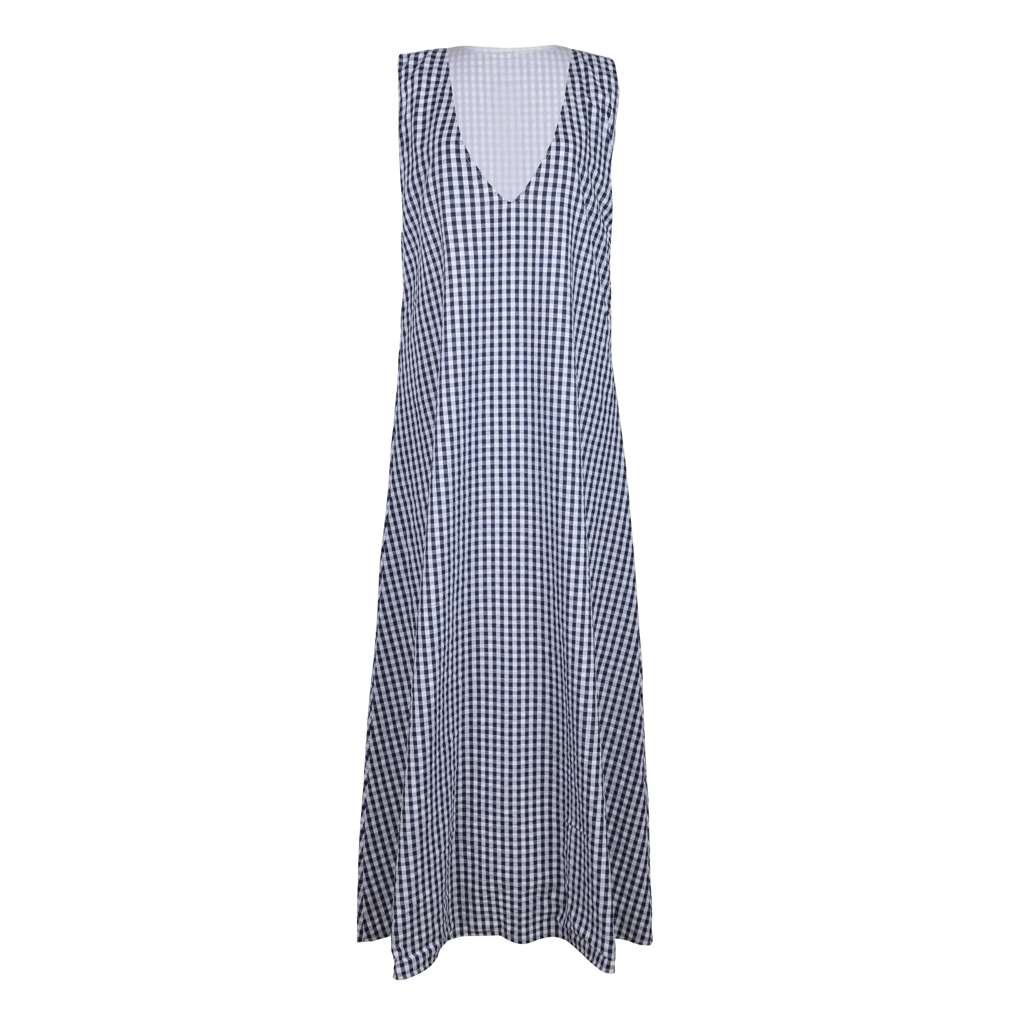 Gili Dress navy gingham flat lay, reversible strapless cotton maxi dress high or V-neck silhouette Puka The Label